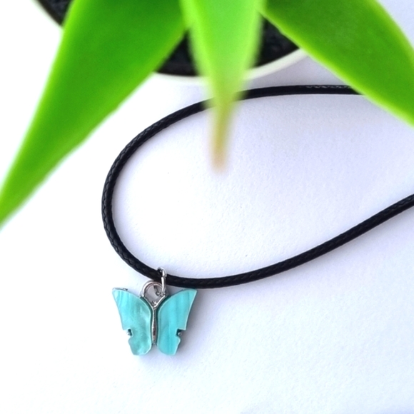 Necklace | Turquoise Butterfly Pendant | Black Cord with Silver Clasp 🦋 - Picture 4 of 6